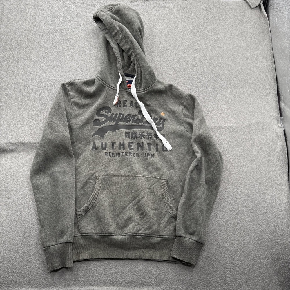 Superdry Hoodie Mens Medium Gray Fleece Pullover Sweatshirt Authentic Graphic